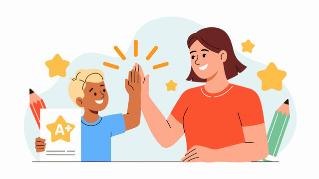 mother giving a high-five to her son for getting a good grade vector illustration