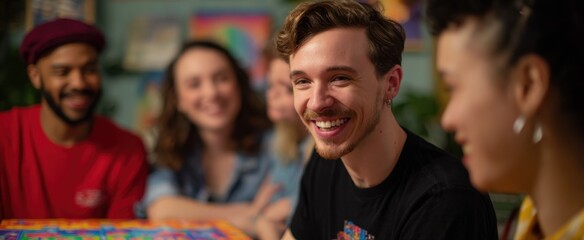 group joy blossoms like a rainbow as laughter dances around colorful board games