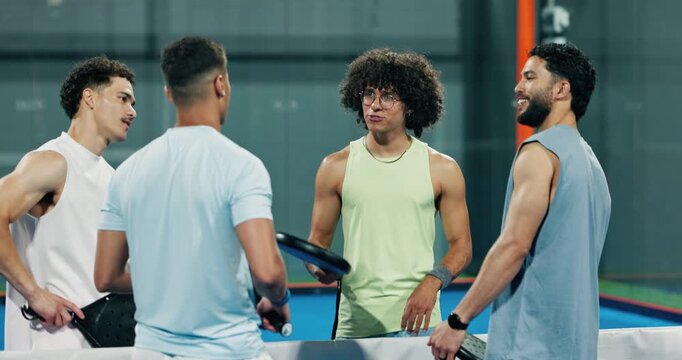 Padel, sports and men talking at court about game, match and exercise tips for competition. Tennis players, group and discussion with friends for fitness, tournament and chat for advice at club