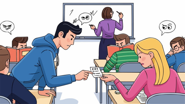 Student passing a note to classmate during lesson in classroom.