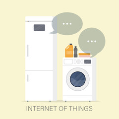 Smart devices and appliance. Internet of things, concept. Wireless data exchange between the refrigerator and the washing machine.