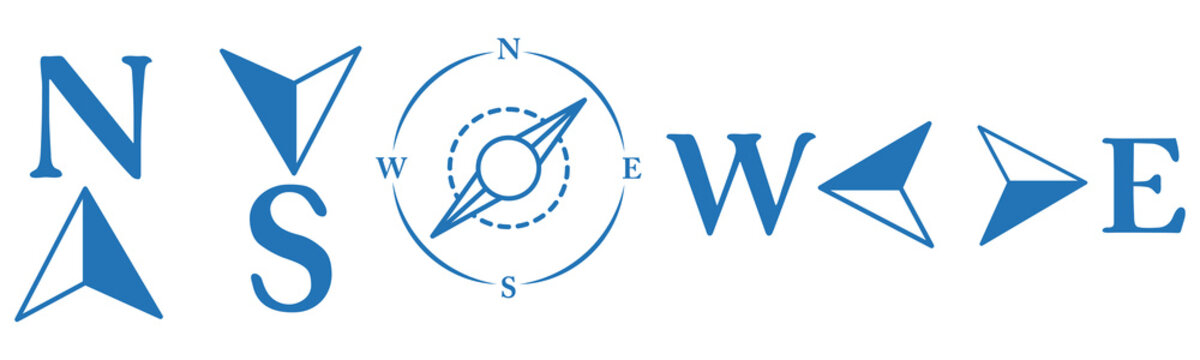 Collection of navigational symbols for cardinal directions including a compass rose