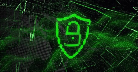 Animation of digital shield with padlock over green waves on black background - Powered by Adobe