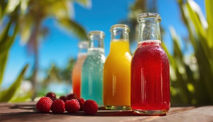 colorful drinks in glass bottles on a wooden table against a tropical background with blurred palm trees and a blue sky, in closeup. red raspberries