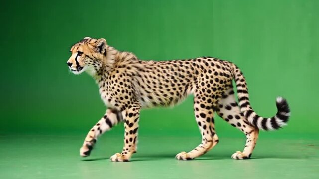 A cheetah stands confidently on a green background in this stunning video