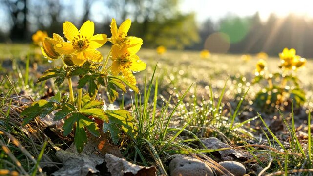Low angle view of vibrant yellow winter aconite flowers bathed in warm sunlight with natural background
