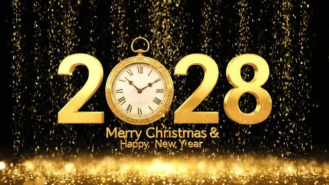 Merry Christmas and Happy New Year 2028 luxury golden greeting card design featuring an antique pocket watch countdown celebrating the festive holiday season Perfect Any Project.