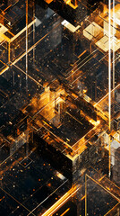 Abstract golden geometric patterns forming a complex network of lines and shapes on a dark background, data and technology concept.
