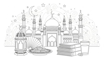 Ramadan mosque illustration with dates lantern and books Islamic cultural elements for greeting cards and celebrations line a