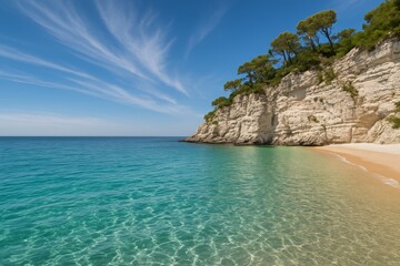 Tropical beach with turquoise water, golden sand, and white cliffs under a blue sky with wispy clouds, concept of summer vacation paradise background. Ai generative