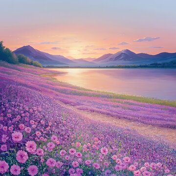 Pink purple flower field by lake at sunset, cartoon fantasy art