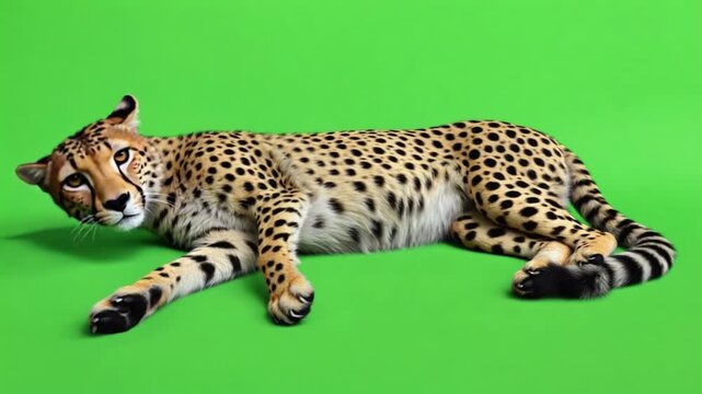 A serene serval lies peacefully on a vibrant green background in this calming video.
