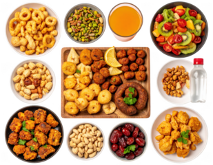 Flat Lay Iftar Food Concept featuring assorted fried snacks, sliced fruits, juice glass and water bottle on neutral background isolated on white and transparent background