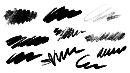 Charcoal brush strokes and scribble texture set on transparent background for design, highlight, and graphic elements