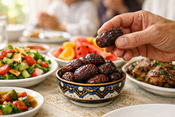 Ramadan Kareem Dates in bowl with hand reaching iftar meal for fasting