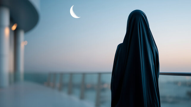 Faceless shot from behind: a person in a luxurious flowing abaya standing on a balcony, looking at the thin crescent moon in the twilight sky