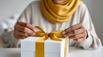 Faceless shot: hands tying a silk ribbon on a luxury gift box, minimalist white and gold aesthetic