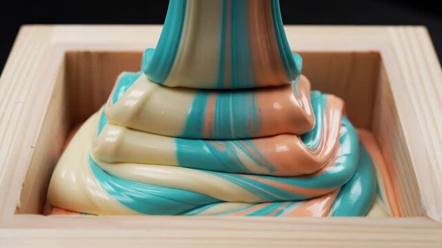 Swirling Creamy Pastel Taffy Candy with Creamy White Blue and Peach Hues Poured into a Wooden Mold Showing Detailed Texture and Marbled Patterns in Studio Lighting