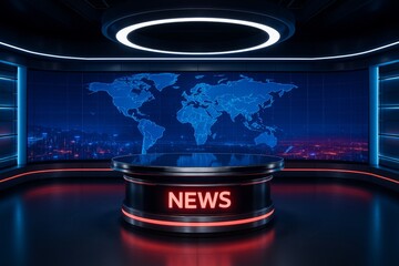 Futuristic news studio with glowing desk and digital world map background in dark blue and red lighting, concept of global broadcasting set design. Ai generative