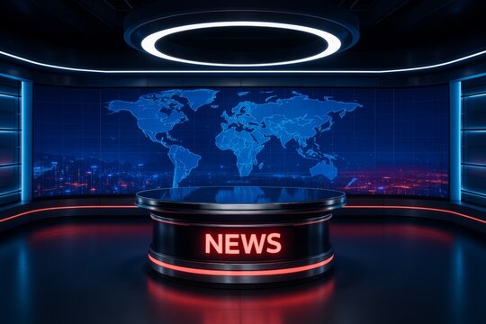 Futuristic news studio with glowing desk and digital world map background in dark blue and red lighting, concept of global broadcasting set design. Ai generative - Powered by Adobe