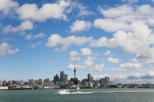 Auckland city skyline and Sky Tower viewed from North Shore waterfront