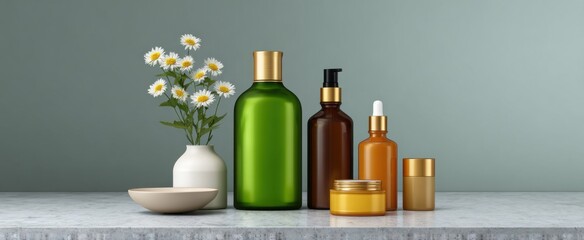 bottles and creams playfully dance on a countertop like stars in a beauty galaxy