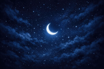 Ramadan Kareem Crescent moon shining brightly in the night sky for Islamic holiday background