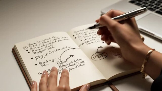 A person's hand writing in a notebook next to a laptop. A pen writes on paper. Close-up shot
