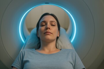 Woman lies calmly inside medical scanner focusing wellness and balance while technology supports healthy lifestyle choices including diet hydration sleep and stress management for longevity