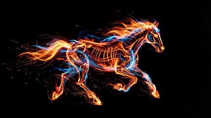 Fototapeta premium Majestic fiery horse skeleton running with vibrant blue and orange flames