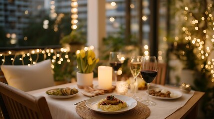 An intimate candlelit dinner setup on a balcony with fairy lights, featuring a beautifully arranged table with delicious food and drinks, conveying romance and connection under a starlit sky.