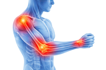 Human arm anatomy displaying shoulder elbow and wrist joints with muscles bones tendons and highlighted joint pain isolated on white background