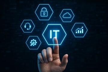 Hand interacting with futuristic IT interface showing digital icons for data security, cloud computing, and tech support on dark background concept. Ai generative