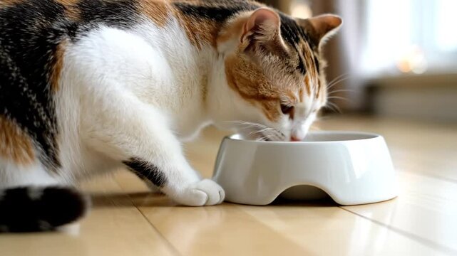 Calico cat eating food from white bowl on wooden floor