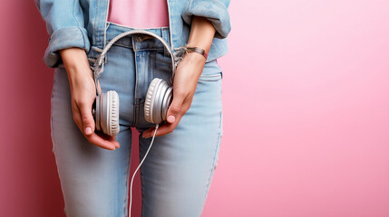 Faceless shot: a persons hands wearing noise-canceling headphones, a moment of peaceful focus, Autism Awareness Month, soft pastel background, clean minimalist style, sharp focus