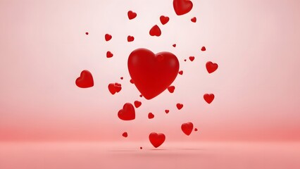 Red hearts floating in air on pink background, love and romance concept