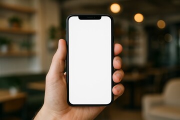 Hand holding smartphone with blank white screen in modern cafe environment, showcasing technology display concept on blurred background. Ai generative