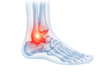 Human ankle joint anatomy showing tibia fibula talus calcaneus foot bones ligaments with highlighted pain isolated on white background
