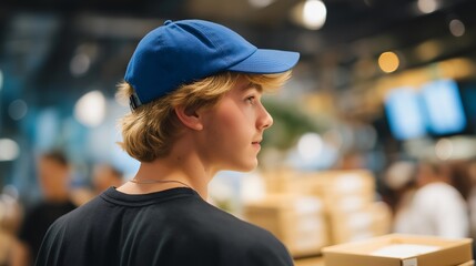 Among busy restaurant staff, a courier waiting for an order for delivery stands ready, showing demand driven service and fast paced food logistics. cinematic color correction, natural uneven