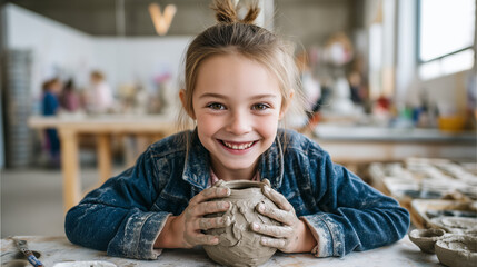 Happy smiling faceless girl having fun learning work with craft art, clay handmade workshop ceramic studio, little ceramist enjoy creative handcraft hobby, pottery artisan school c