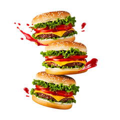Stacked cheeseburgers with vibrant red sauce splashes against a dark backdrop