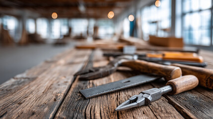Rustic workshop scene with hand tools on wood table, surrounded natural light, minimalistic background, renovated space, crafting environment, artisan workspace, defocused backgrou