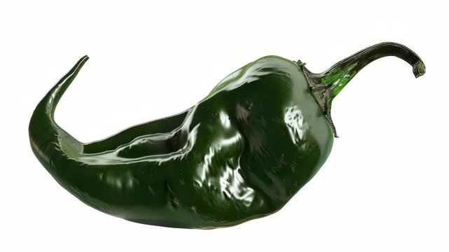 A green pepper is shown on a white background. The pepper is long and skinny, with a stem at the top