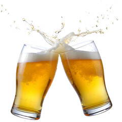 A celebratory toast with two glasses of golden beer splashing with foam