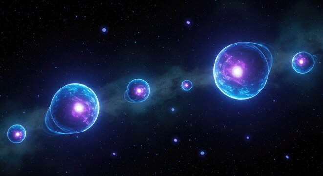 A vibrant, cosmic scene featuring glowing purple and blue orbs of varying sizes against a starry black background - Powered by Adobe