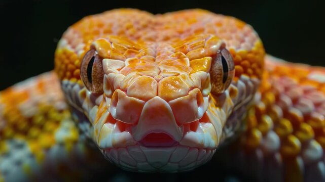 A detailed focusing on the face of an orange and black striped snake.