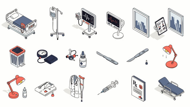 Isometric medical equipment set, hospital bed, monitor, syringe, crutches, and other healthcare items for clinics and hospitals