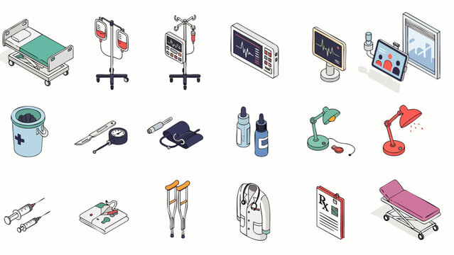 Set of isometric medical equipment and healthcare icons for hospital, clinic, and doctor's office. Includes bed, IV drip, monitor, crutches, stethoscope, and more.