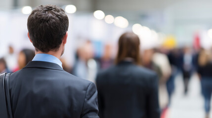 Fototapeta premium Faceless job seekers actively engaging with recruiters at bustling career fair, showcasing determination eagerness