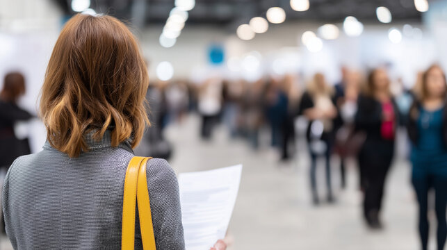 Faceless job seekers actively engaging with recruiters at bustling career fair, showcasing determination eagerness, pursuit professional opportunities, career development, defocuse